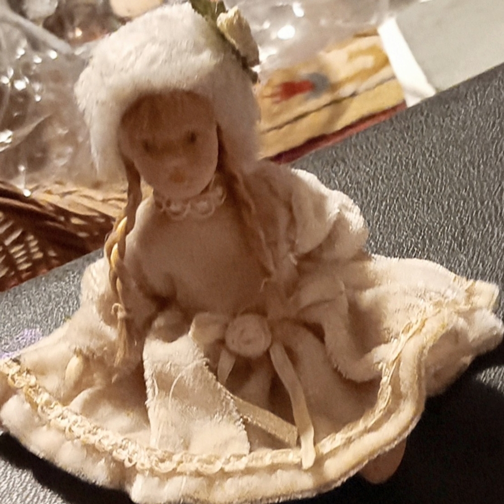 Charming Porcelain Doll in Cream Dress and Hat